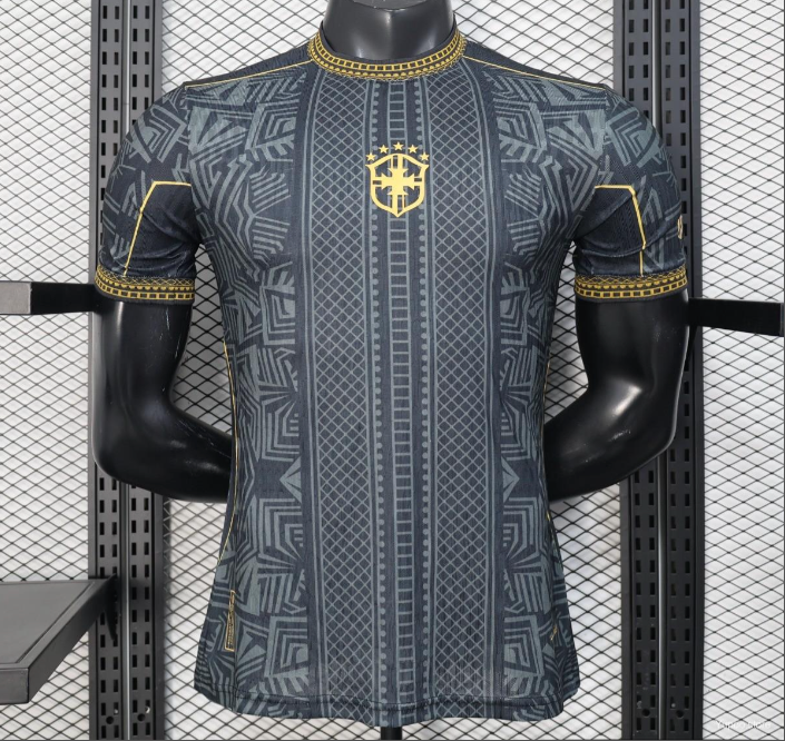 2026 Brasile Nero con fantasia geometrica tribale Dorata da Giocatore S-2XL